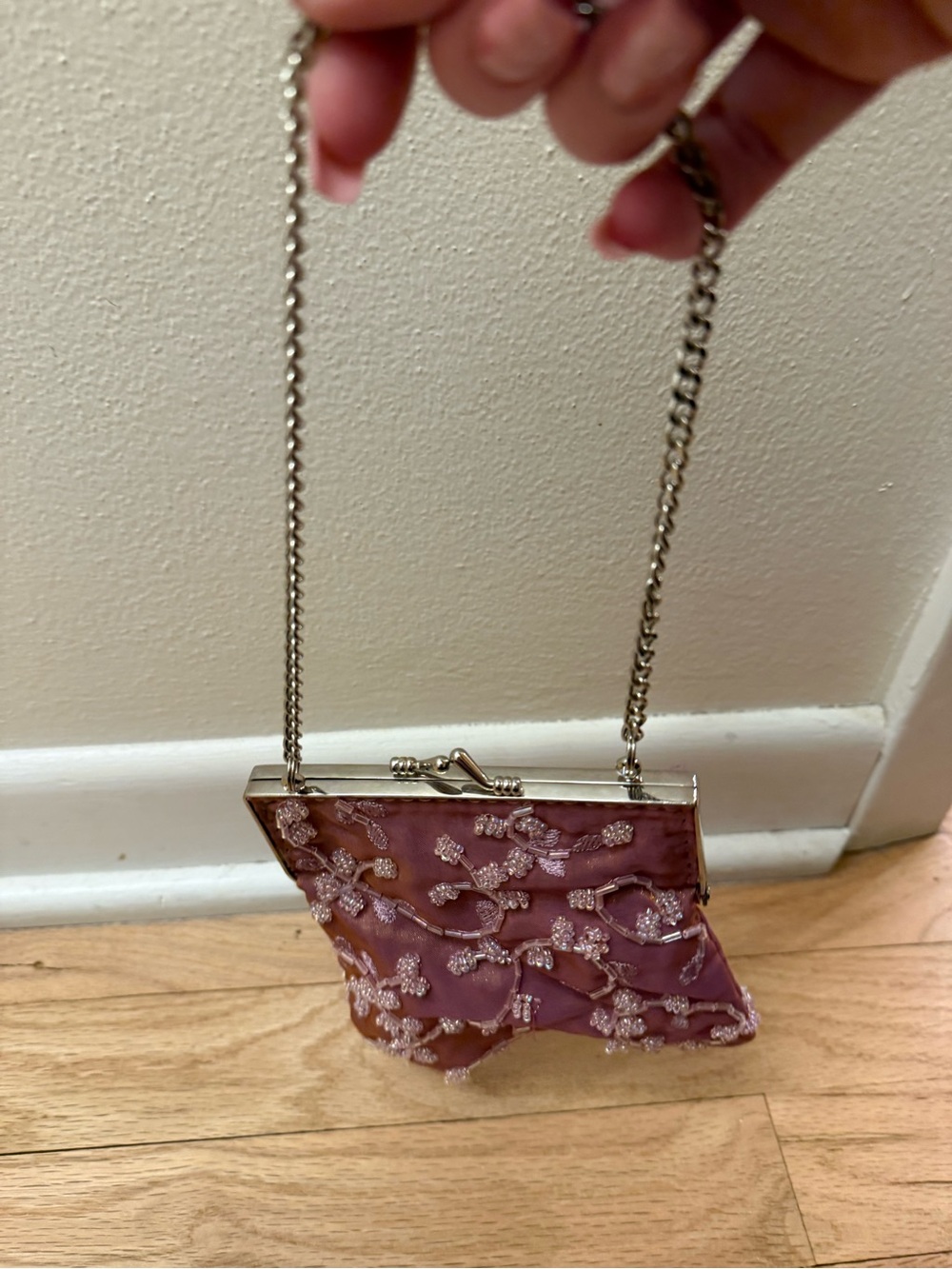 Pink Beaded Floral Evening Clutch with Chain Strap